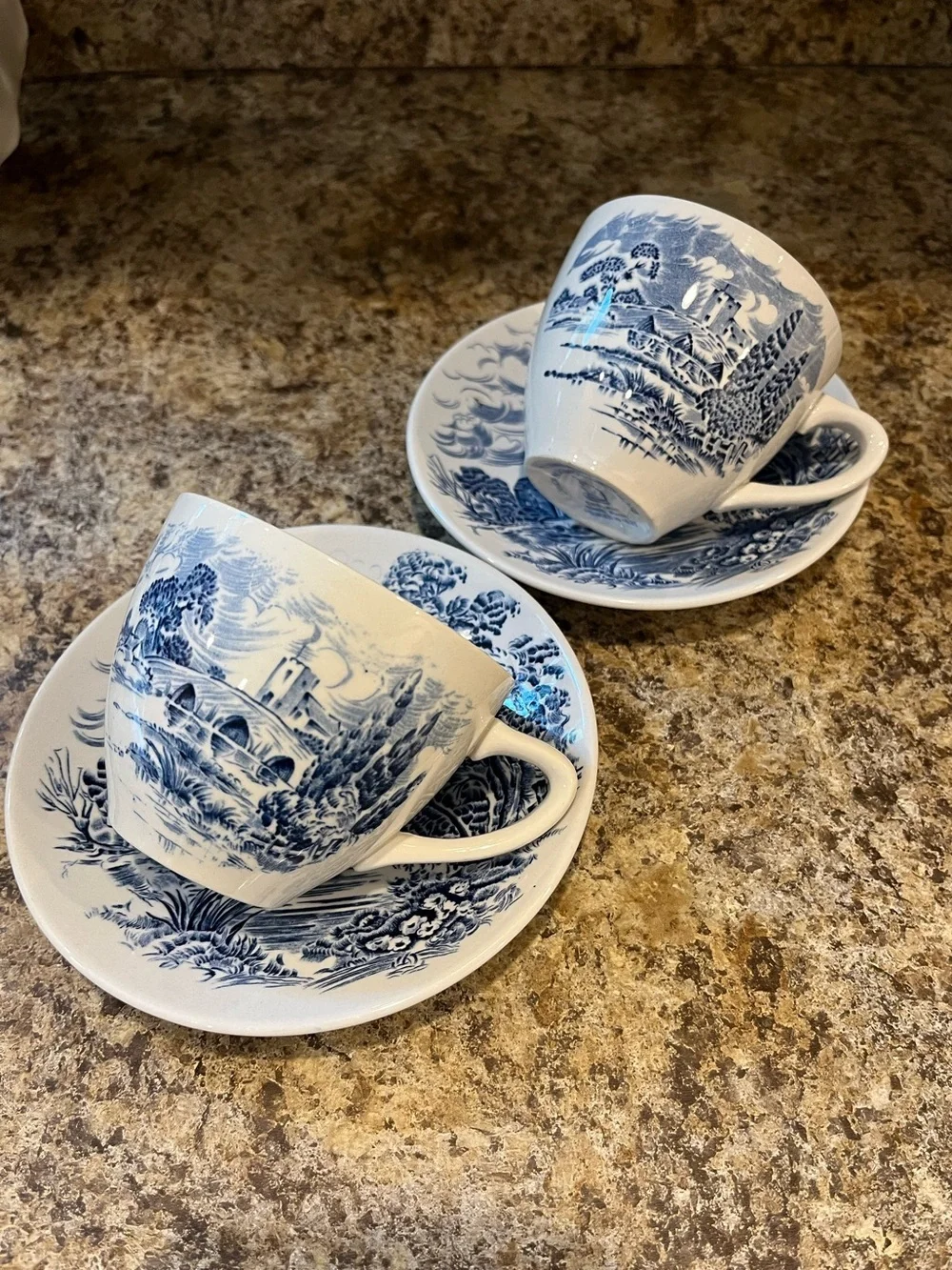 Wedgwood Countryside Teacups and Saucers Set of 2 Blue and White, England